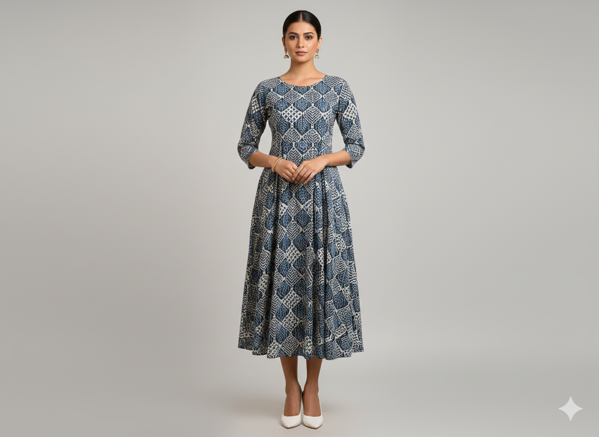 सफ़ेद और नीला सार शुद्ध सूती कांथा कपड़ा