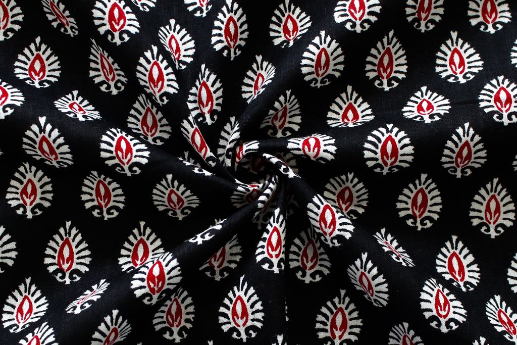 Black And Red Motifs Printed Pure Cotton Fabric