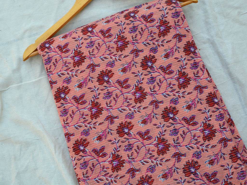 Pale Peach Floral Pure Cotton Kantha Fabric