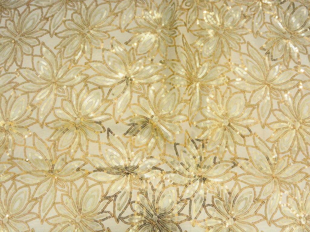 Golden Viscose Georgette With Sequins Embroidered Fabric