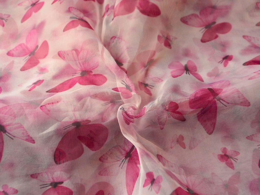 White Butterfly Digital Printed Liquid Organza Fabric