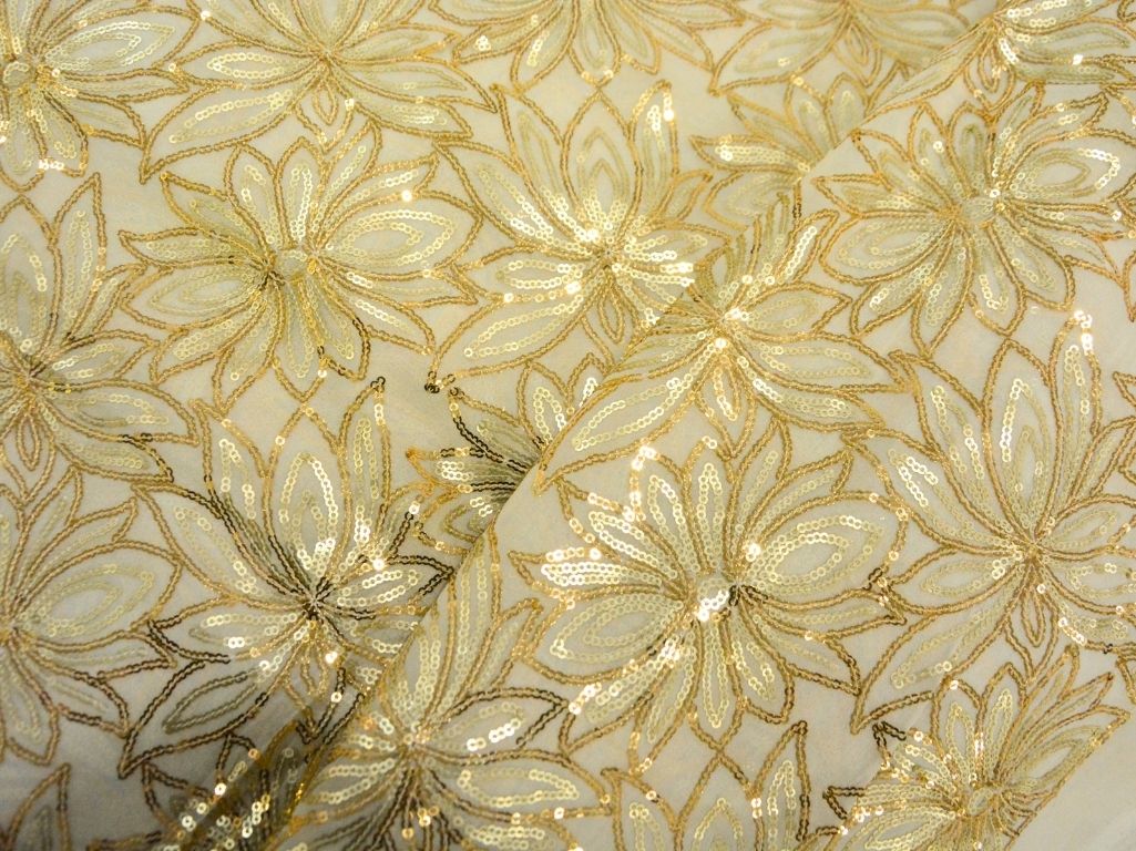 Golden Viscose Georgette With Sequins Embroidered Fabric