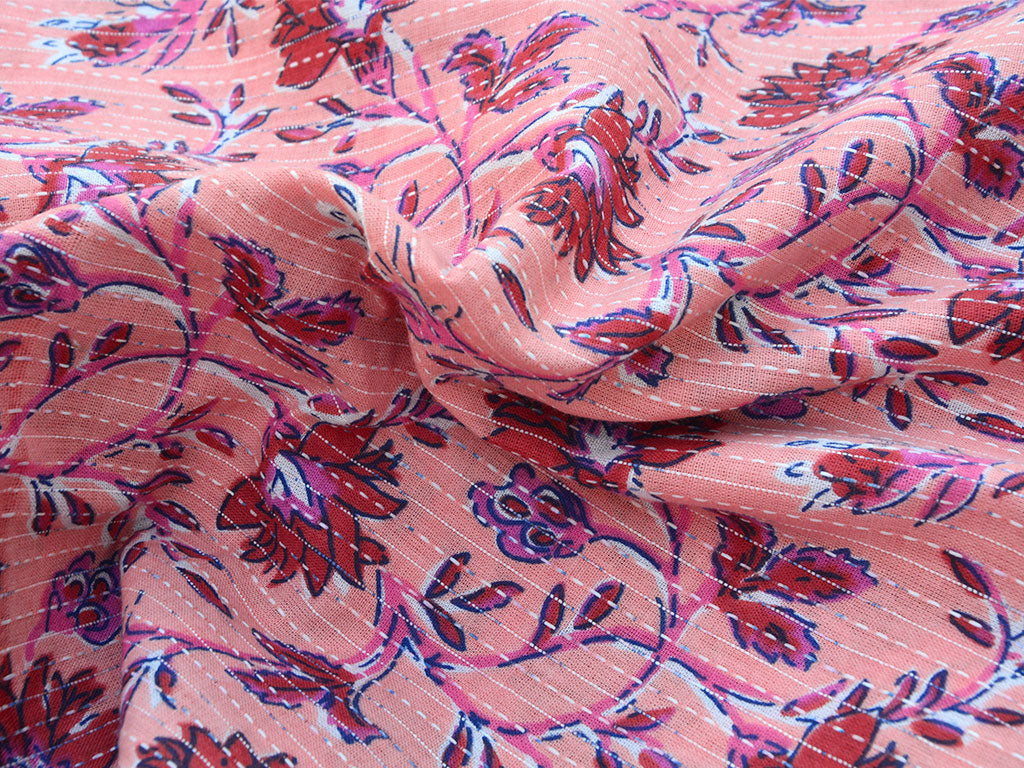 Pale Peach Floral Pure Cotton Kantha Fabric