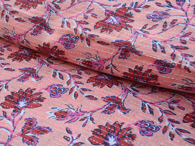 Pale Peach Floral Pure Cotton Kantha Fabric