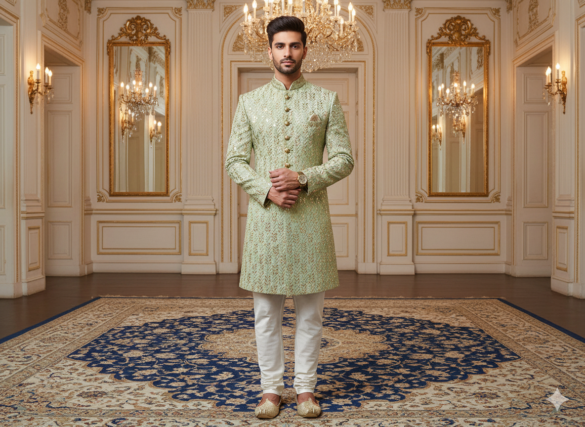 पिस्ता ग्रीन मेटैलिक सेक्विन कढ़ाई मलाई साटन फैब्रिक