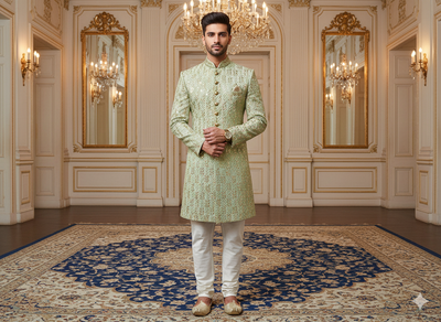 पिस्ता ग्रीन मेटैलिक सेक्विन कढ़ाई मलाई साटन फैब्रिक