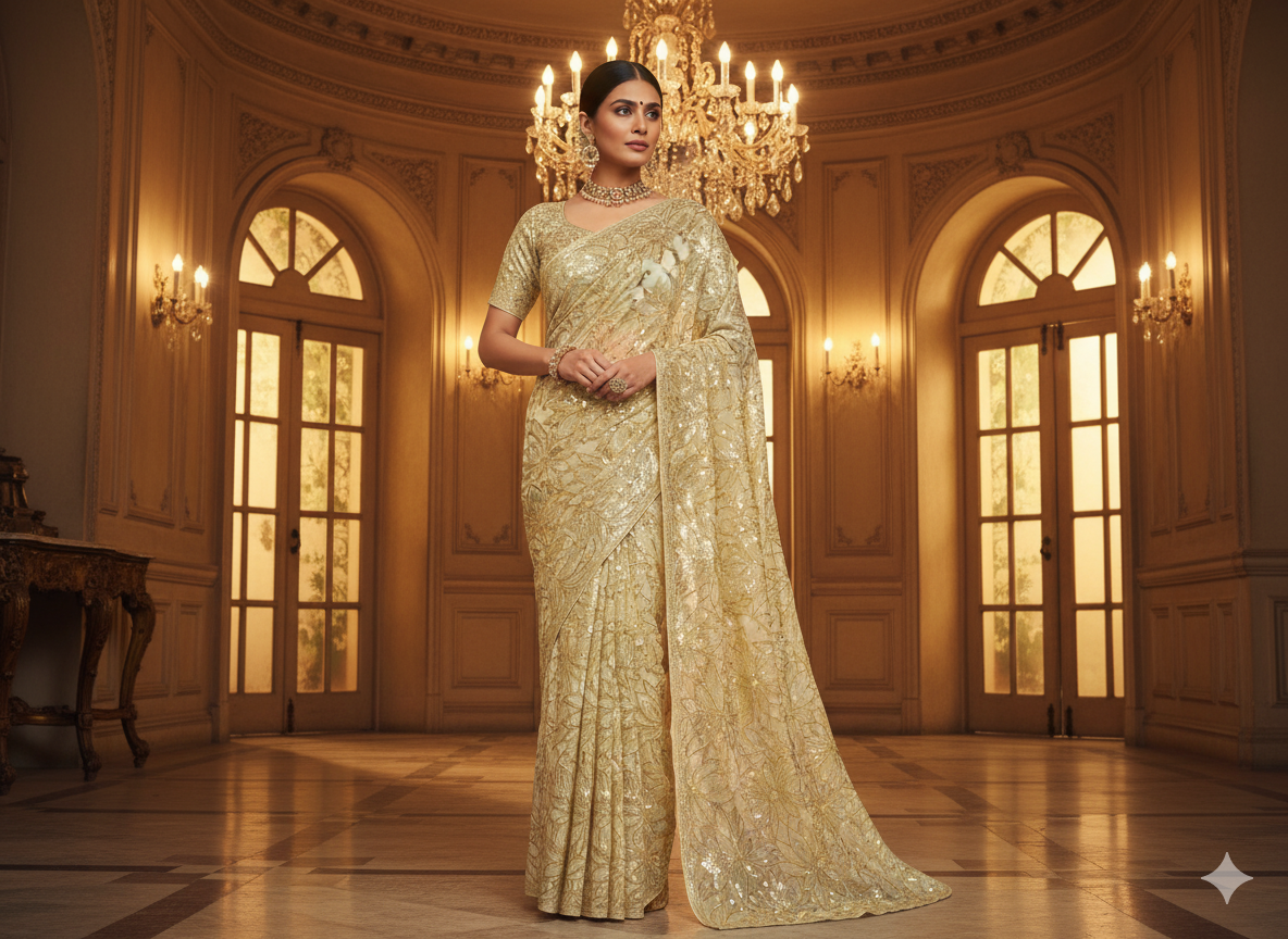 Golden Viscose Georgette With Sequins Embroidered Fabric