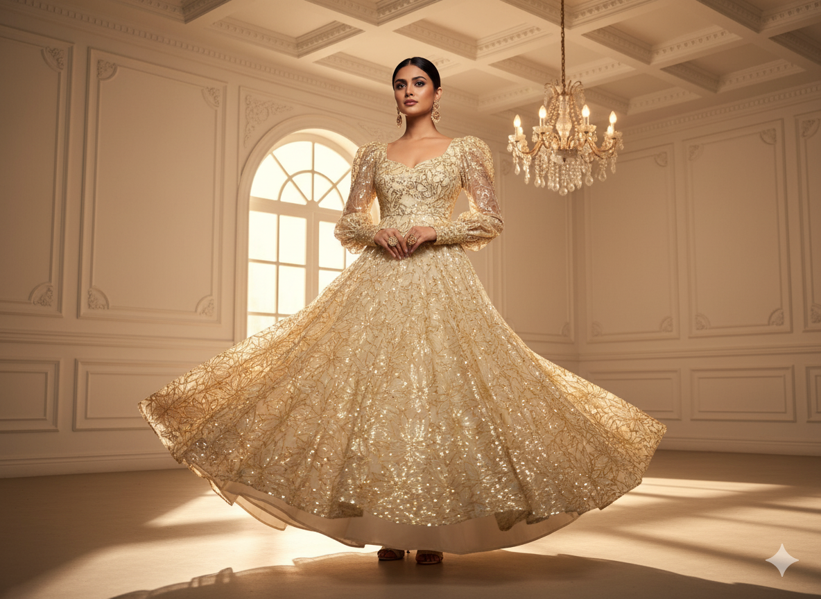 Golden Viscose Georgette With Sequins Embroidered Fabric