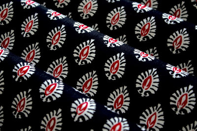 Black And Red Motifs Printed Pure Cotton Fabric