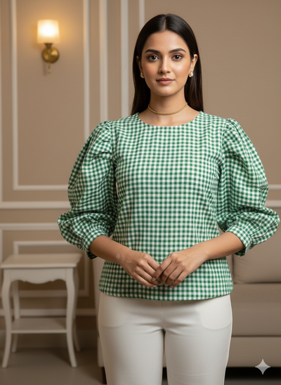 फ़िरोज़ी हरे चेक यार्न रंगे शुद्ध सूती कपड़ा