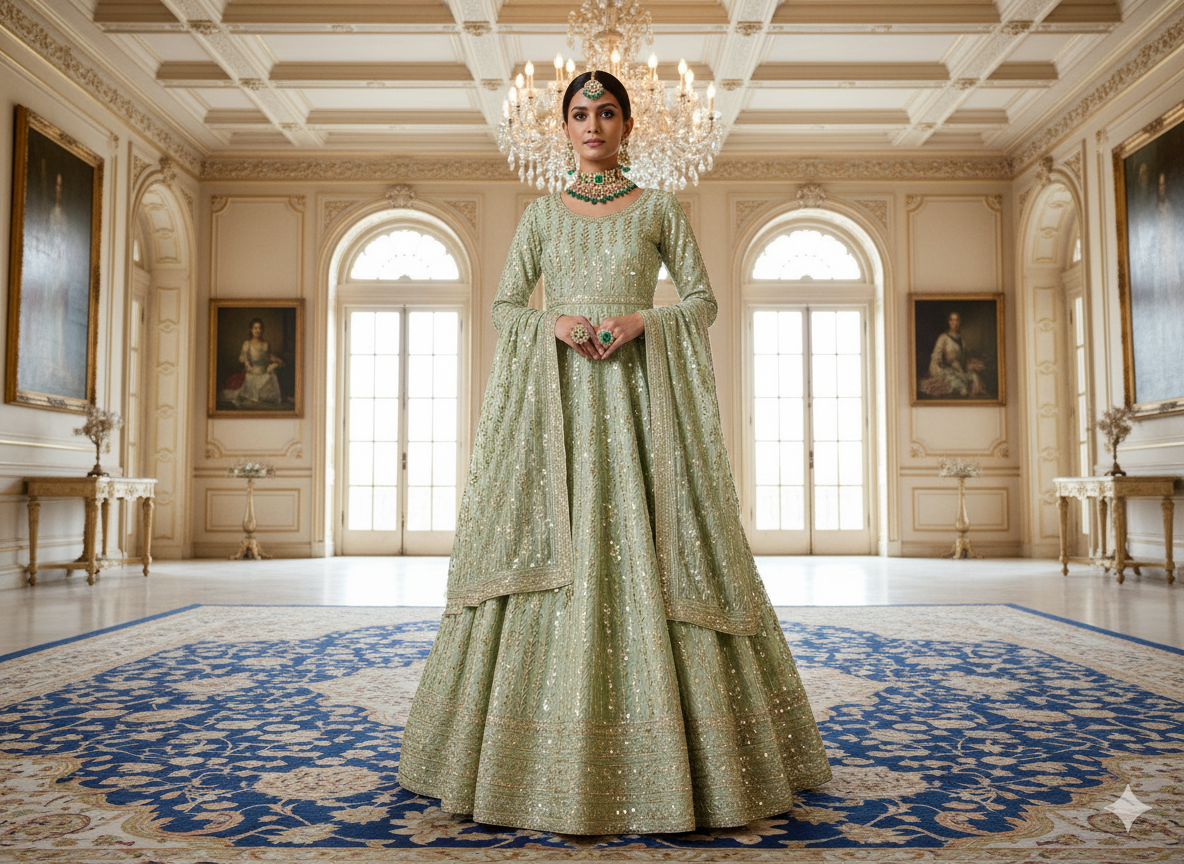 पिस्ता ग्रीन मेटैलिक सेक्विन कढ़ाई मलाई साटन फैब्रिक