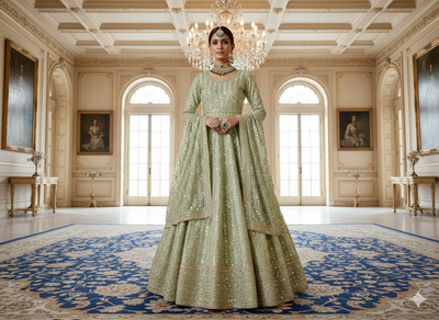 पिस्ता ग्रीन मेटैलिक सेक्विन कढ़ाई मलाई साटन फैब्रिक