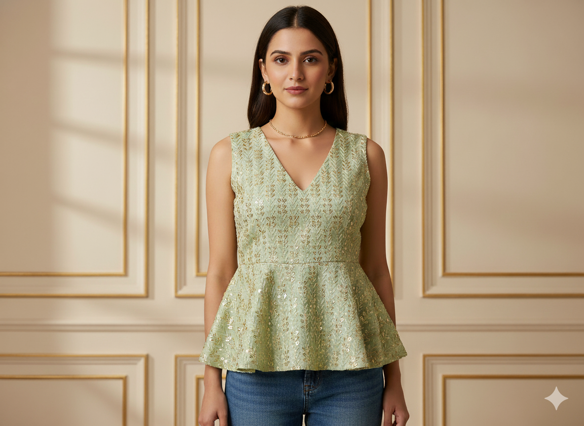 पिस्ता ग्रीन मेटैलिक सेक्विन कढ़ाई मलाई साटन फैब्रिक