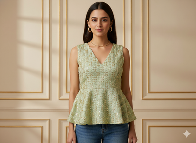 पिस्ता ग्रीन मेटैलिक सेक्विन कढ़ाई मलाई साटन फैब्रिक