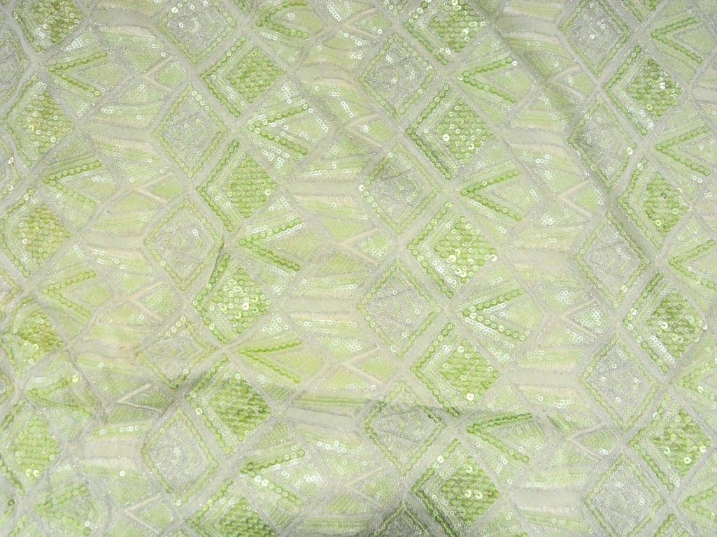 Neon Green Pure Viscose Georgette With Sequins Embroidered Fabric