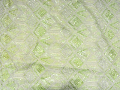 Neon Green Pure Viscose Georgette With Sequins Embroidered Fabric