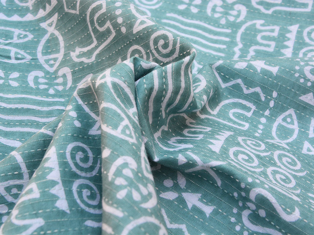 Sea Green Floral Pure Cotton Kantha Fabric