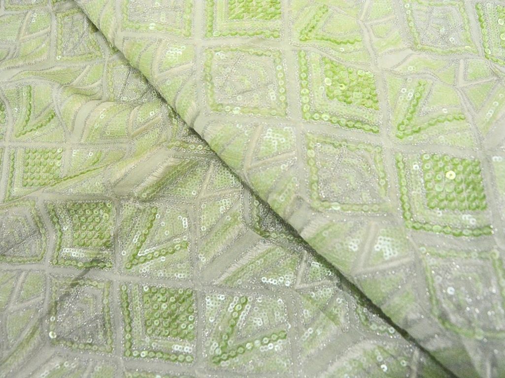 Neon Green Pure Viscose Georgette With Sequins Embroidered Fabric