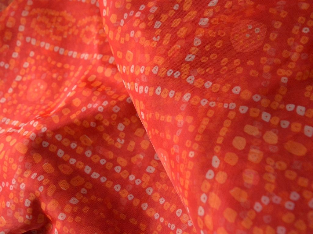 Red Bandhani Digital Printed Liquid Organza Fabric