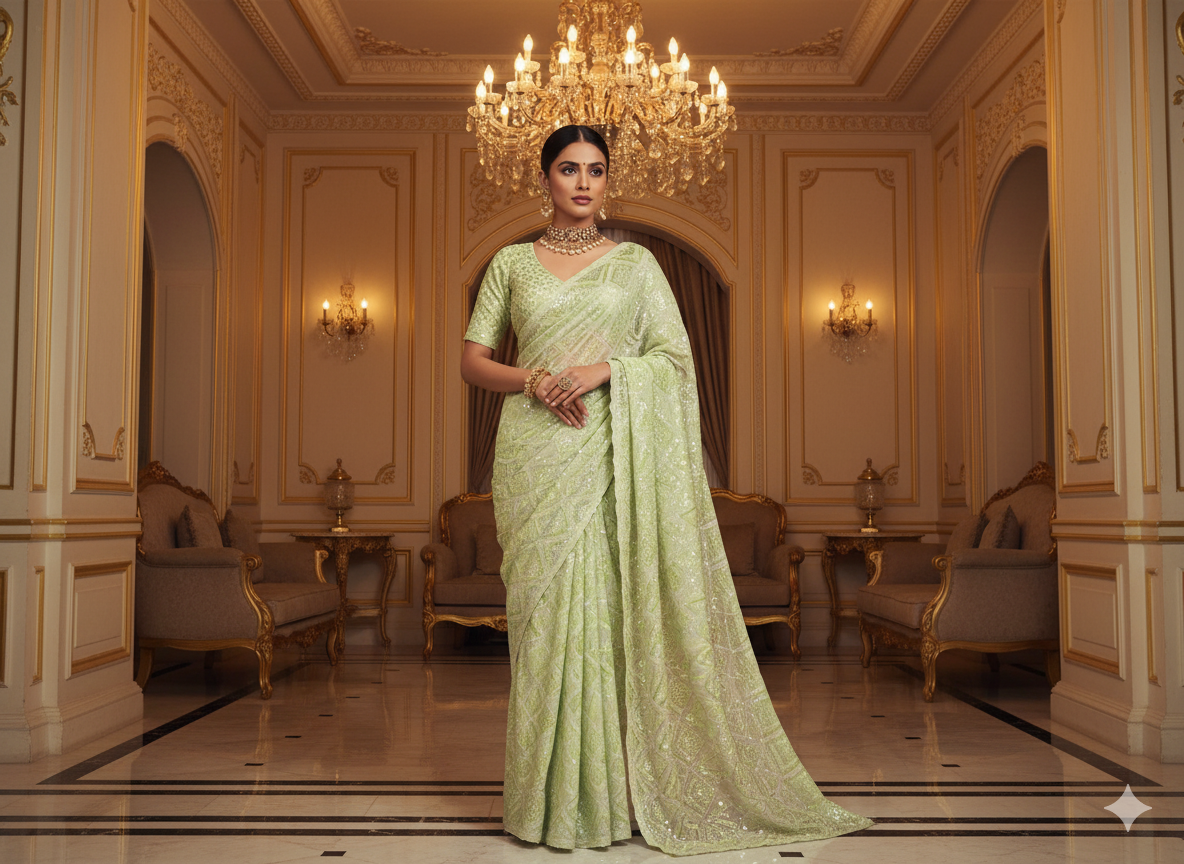 Neon Green Pure Viscose Georgette With Sequins Embroidered Fabric