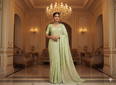 Neon Green Pure Viscose Georgette With Sequins Embroidered Fabric