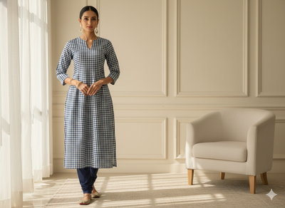 नीले चेक यार्न रंगे शुद्ध सूती कपड़ा