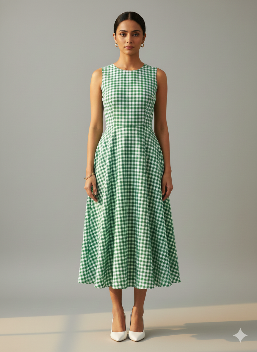 फ़िरोज़ी हरे चेक यार्न रंगे शुद्ध सूती कपड़ा