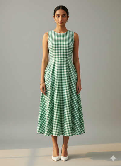 फ़िरोज़ी हरे चेक यार्न रंगे शुद्ध सूती कपड़ा