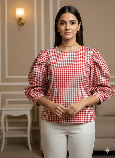 लाल चेक यार्न रंगे शुद्ध सूती कपड़ा