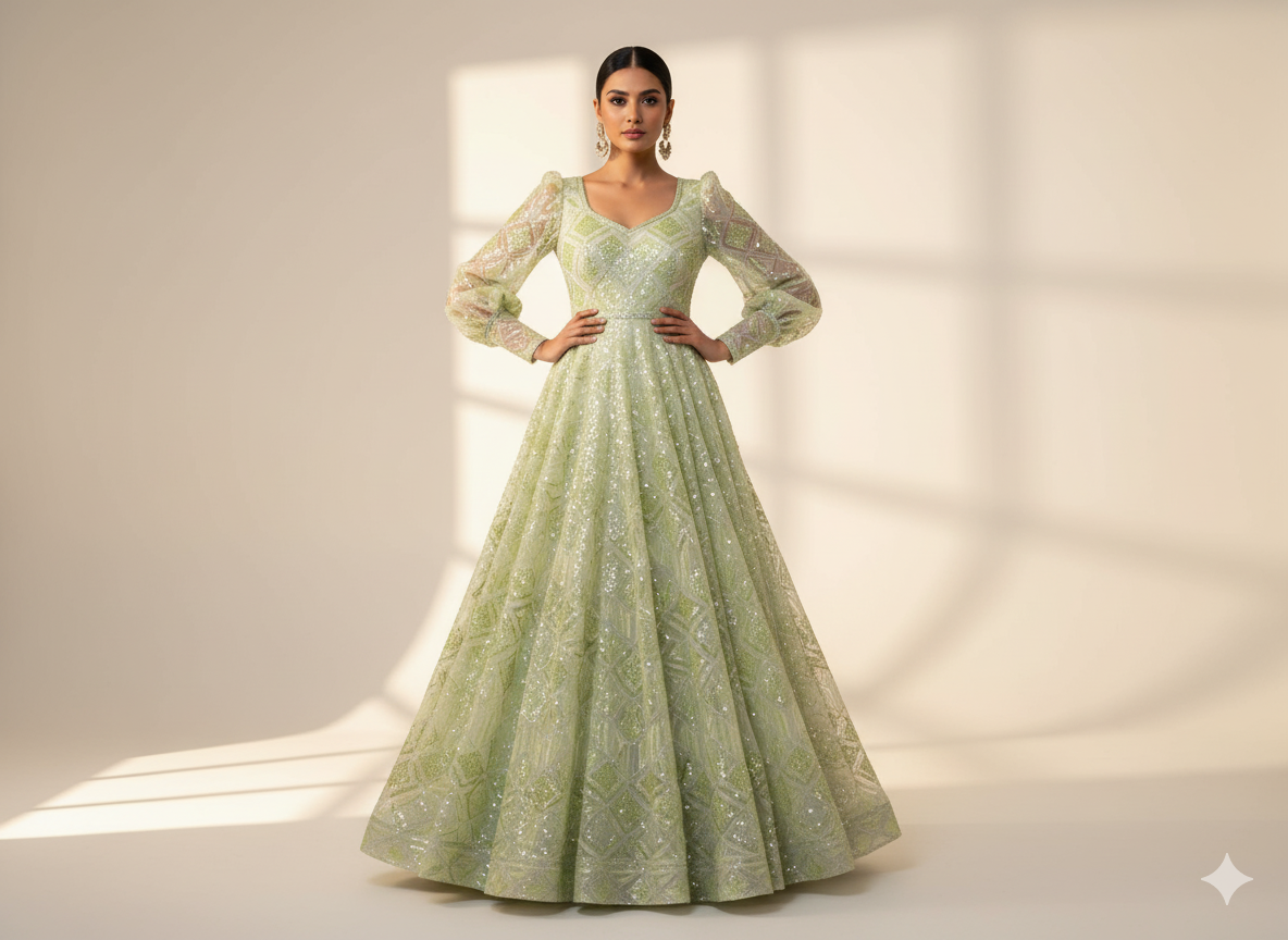 Neon Green Pure Viscose Georgette With Sequins Embroidered Fabric