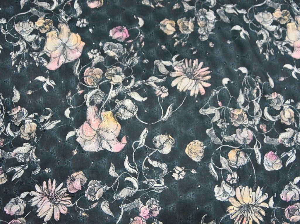 Black 100 % Pure Cotton Chikan Embroidered Fabric