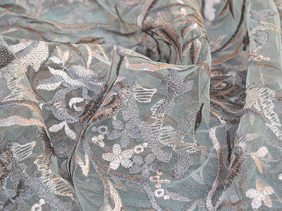 Peach & Bronze Floral Thread Embroidered Glitter Net Fabric