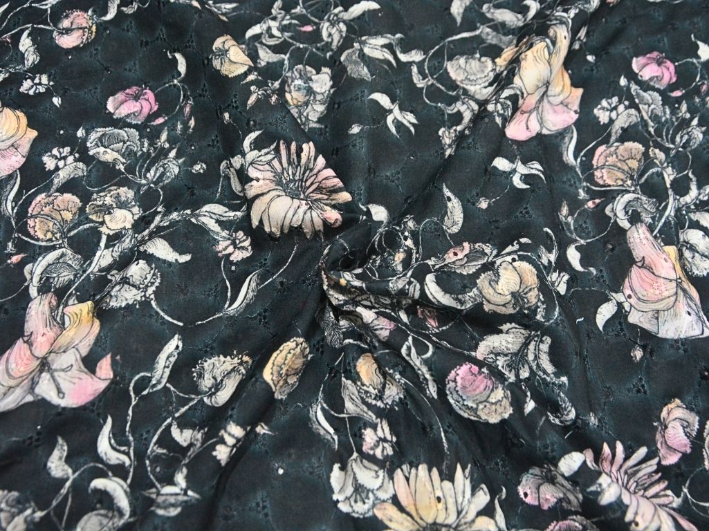 Black 100 % Pure Cotton Chikan Embroidered Fabric