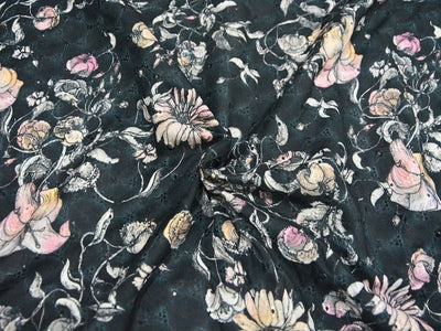Black 100 % Pure Cotton Chikan Embroidered Fabric