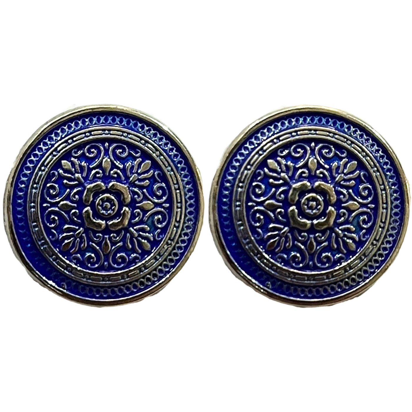 Blue & Silver Eye Catchy Floral 1 Hole Round Metal Buttons