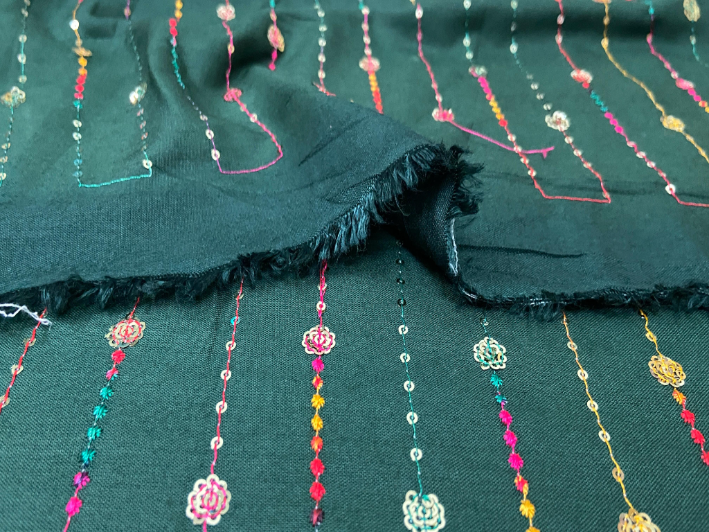 Deep Emerald Green Luxuries Embroidery Work Cotton Rayon Fabric