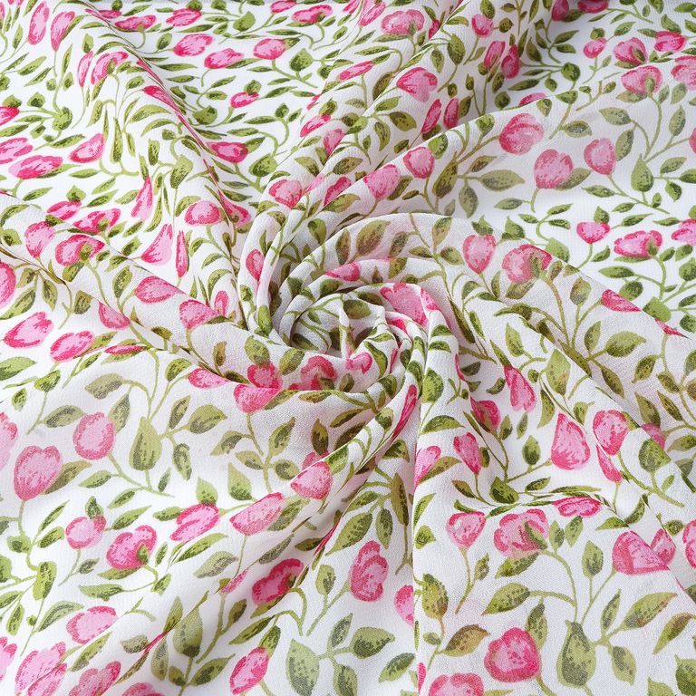 White & Pink Floral Printed Pure Viscose Georgette Fabric