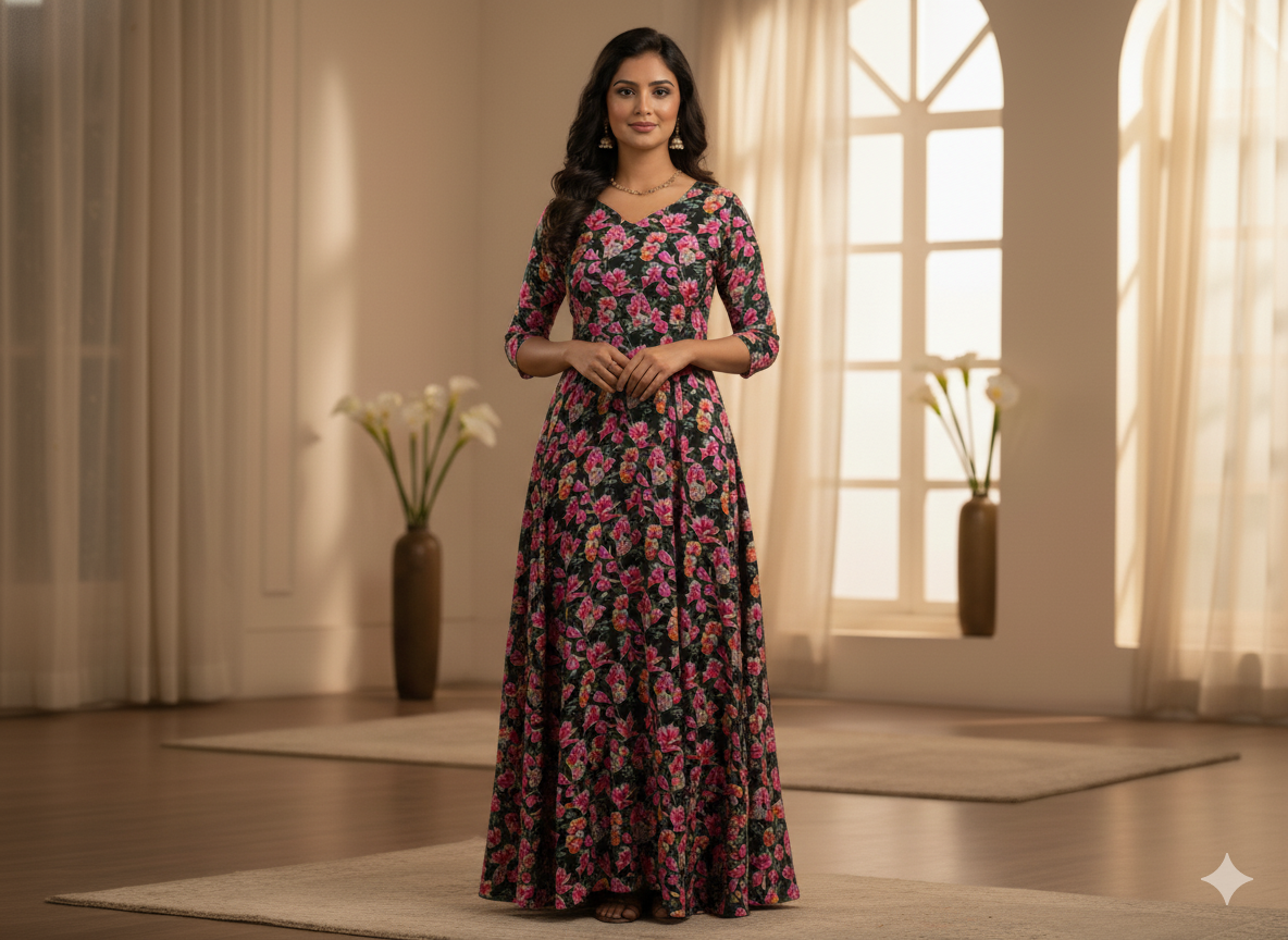 Black Floral Digitally Printed Butter Crepe Fabric