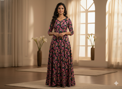 Black Floral Digitally Printed Butter Crepe Fabric