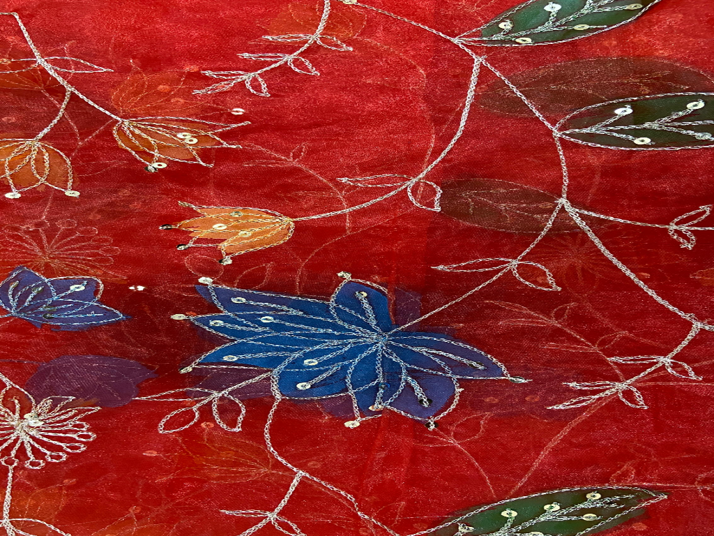 Red Floral Embroidered Work Viscose Organza Fabric