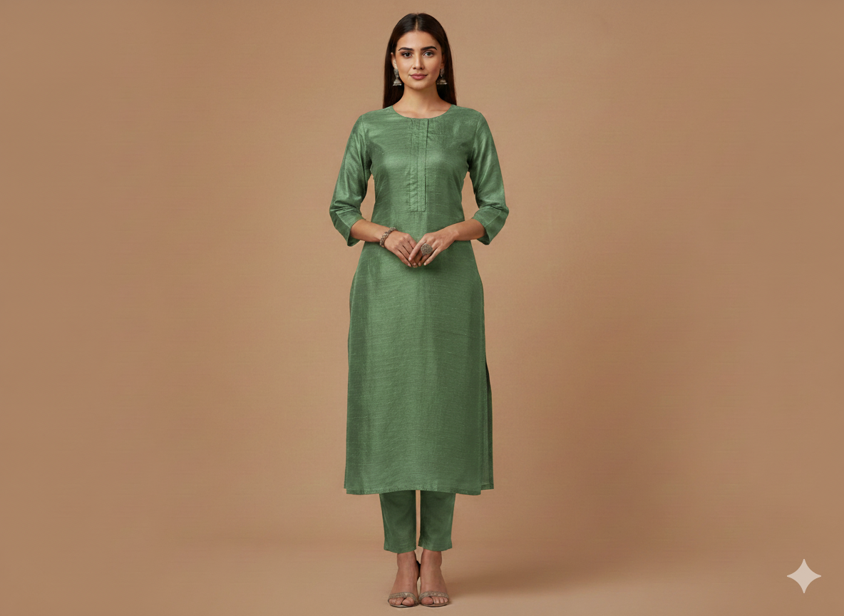 Dusty Green Plain Bangalore Raw Silk Fabric  (Wholesale)