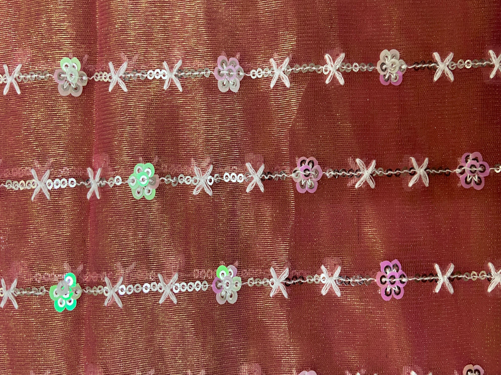 Peach Sequins Work Nylon Organza Fabric