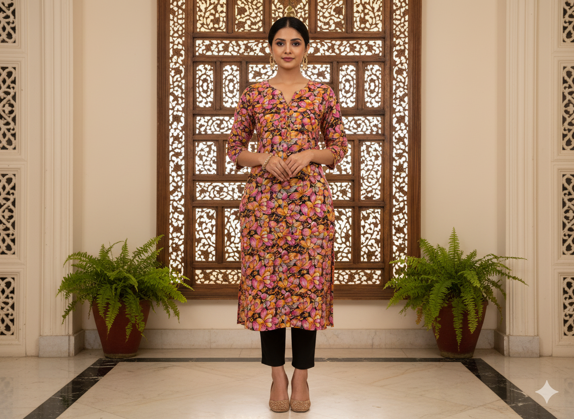 Black Floral Digitally Printed Butter Crepe Fabric