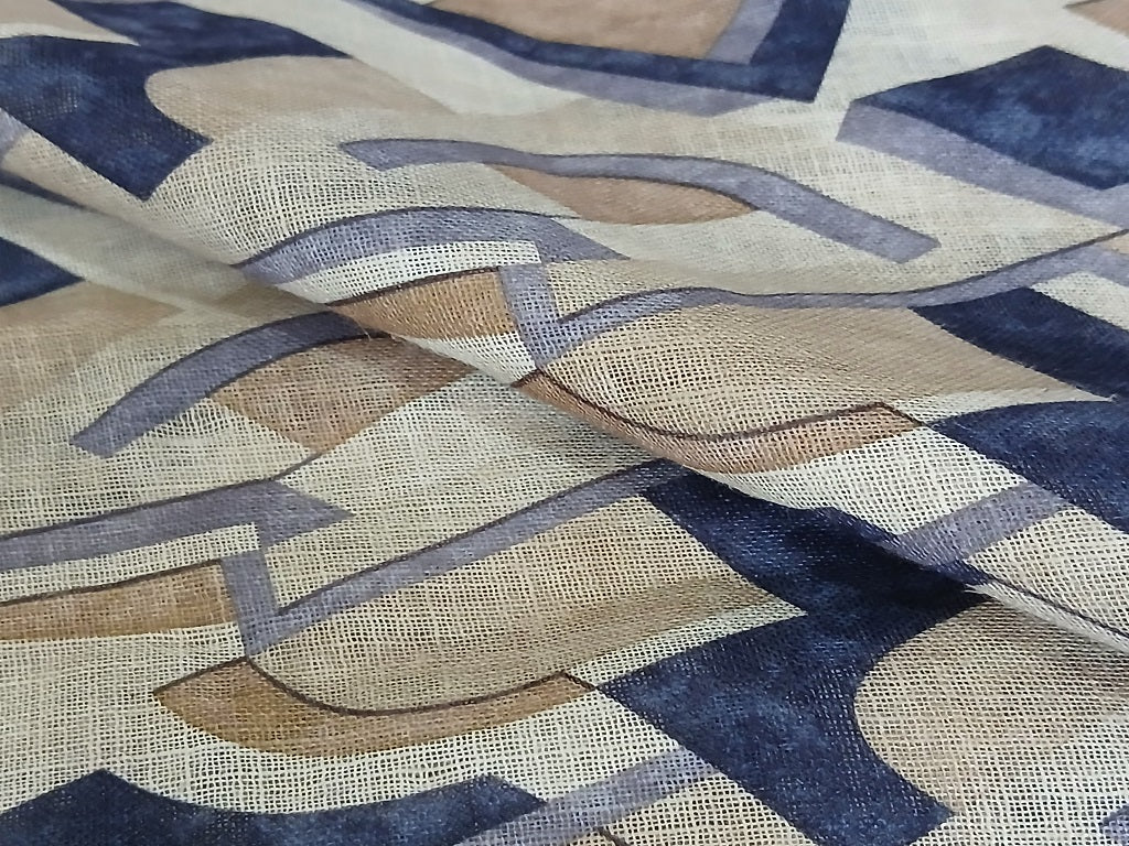 Beige & Navy Blue Abstract Digital Print Linen Fabric (Wholesale)
