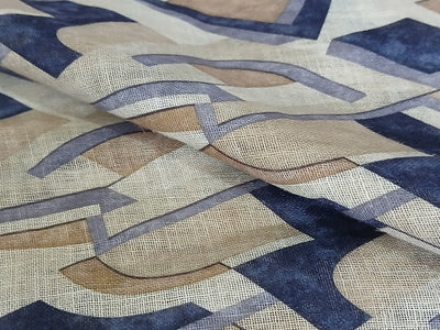 Beige & Navy Blue Abstract Digital Print Linen Fabric (Wholesale)