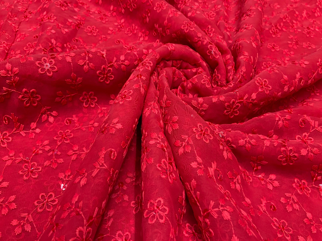 Bright Red Floral Georgette Silk Fabric