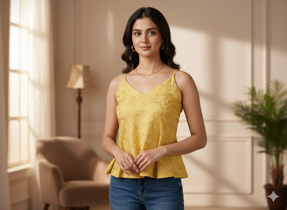 नींबू पीला धातुई सेक्विन कढ़ाई मलाई साटन कपड़ा