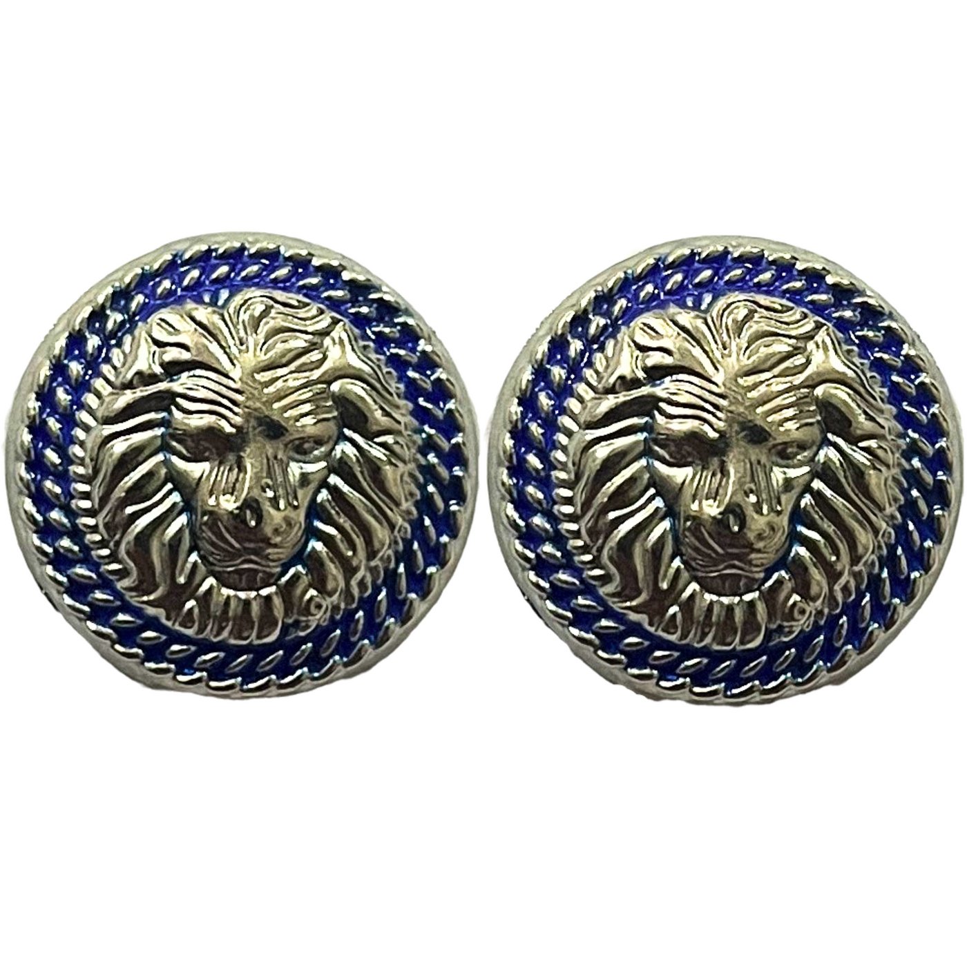 Blue & Silver Color Fearless Lion Face Shaped 1 Hole Round Metal Buttons