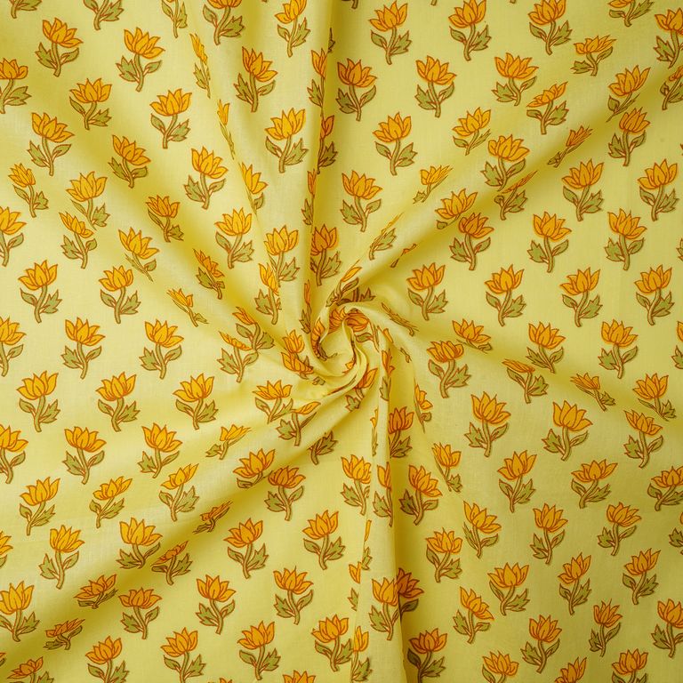 Yellow & Green Floral Dyed Printed Pure Cotton Fabric