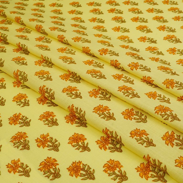 Yellow & Green Floral Dyed Printed Pure Cotton Fabric